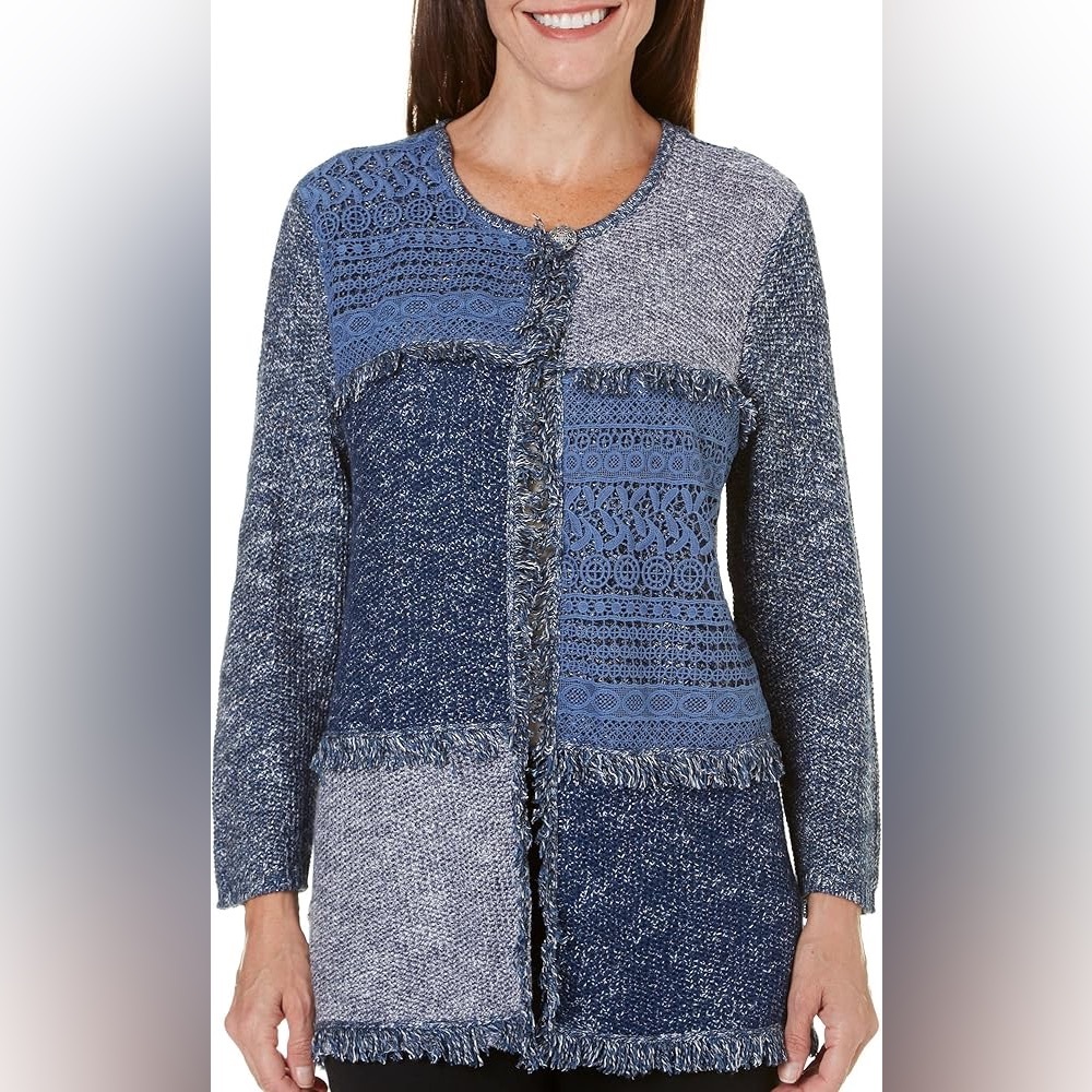 Alfred Dunner Blue Patchwork Cardigan Sweater Cotton Small Shabby Chic Boho